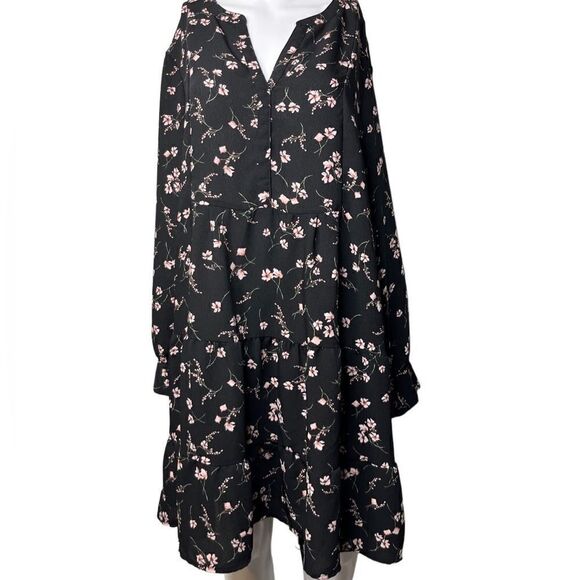 Time & Tru Floral Long Sleeve Flowy Dress Black and Pink Size XL - Picture 1 of 5